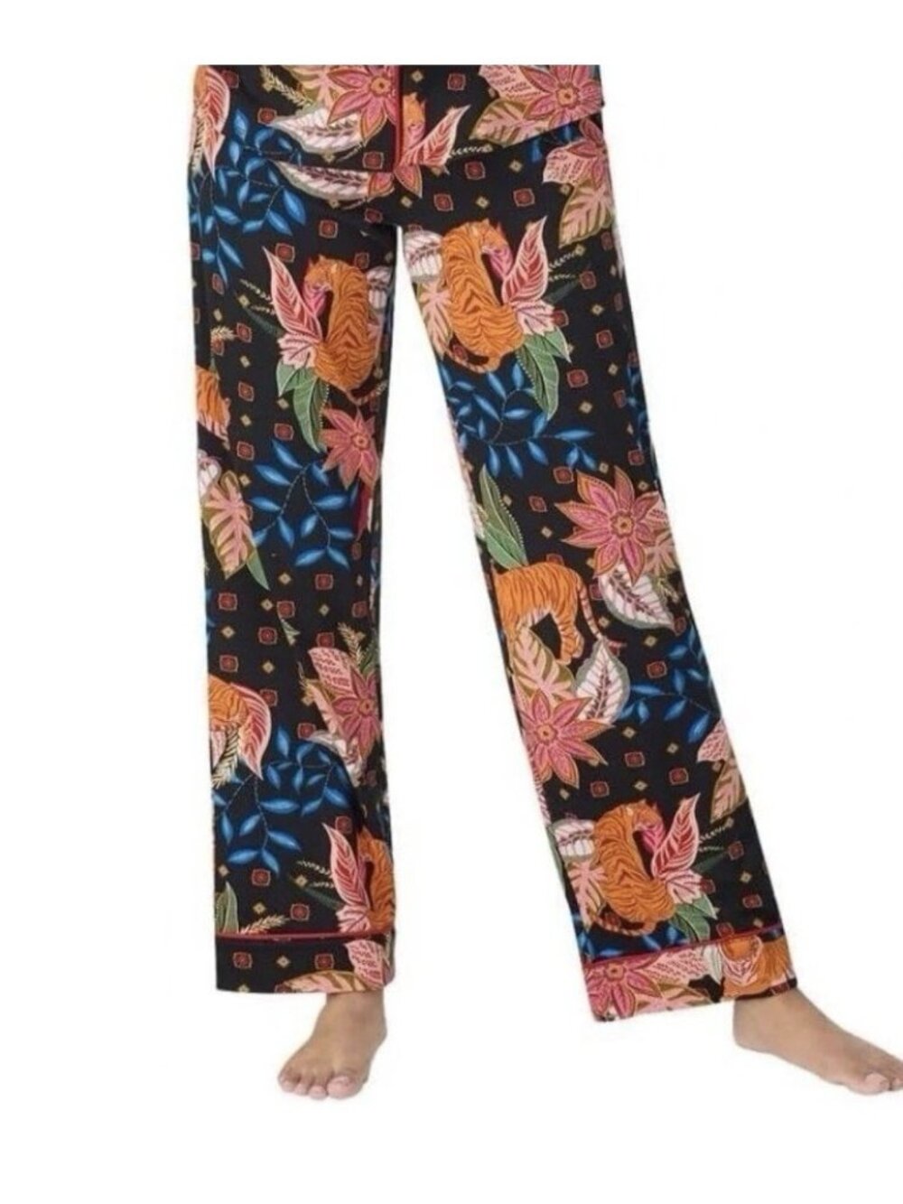 Room Service Women's Tiger Black Orange Multi Floral Pajama PANTS PJs Small NEW